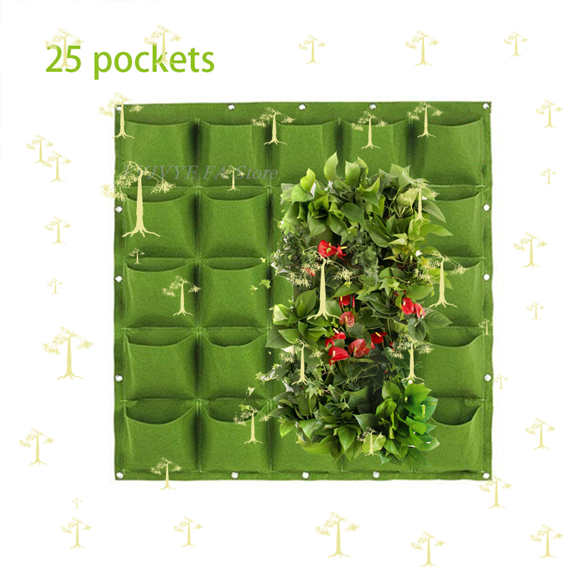 Bonsai Vertical Garden - 25 ポケット壁掛け植栽バッググリーンポケット成長バッグ垂直庭野菜リビング盆栽花植木鉢 F1